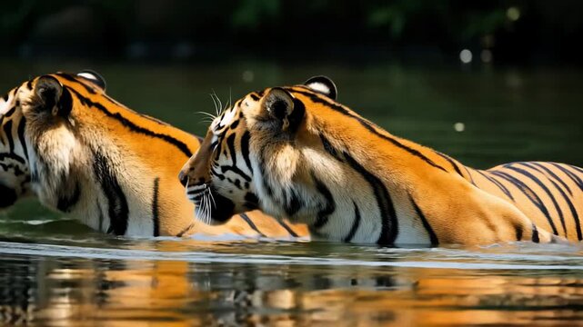 Two Bengal tigers swimming gracefully in clear water with lush green forest background wildlife 4K Ai HD high quality video.
