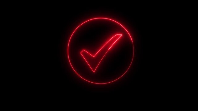 Glowing neon light tick mark icon animation on black background. True sign in neon style. check mark button. neon success, approved, yes icon signs animation.