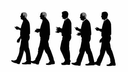 Silhouettes of five elderly men walking in a line.