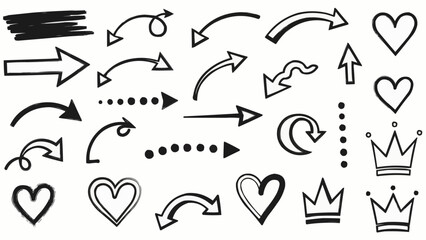 Collection of Hand Drawn Arrows Hearts and Crowns Doodle Elements.
