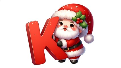 Christmas Santa Alphabet Clipart, Festive Letter. Cute Santa Claus Holding Letter K – Christmas Alphabet Illustration, White background