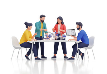 Stylized 3D team collaborating on geometric design model with tablet pointing and discussing.