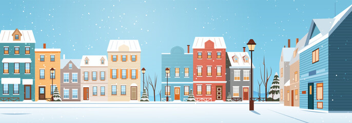 Christmas winter cityscape snowy street festive houses lampposts snowflakes blue sky colorful buildings trees urban neighborhood seasonal background © mast3r