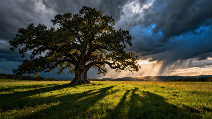 Dramatic lone tree in a green field illuminated by sunlight beneath dark storm clouds.