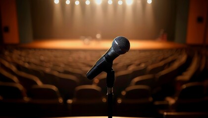 A single microphone on a stand is highlighted by a spotlight against a blurred background, created with generative ai