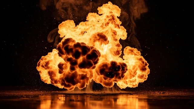 Massive Fire Explosion With Bright Flames And Smoke Against Dark Background Night Scene 4K Ai HD high quality video.
