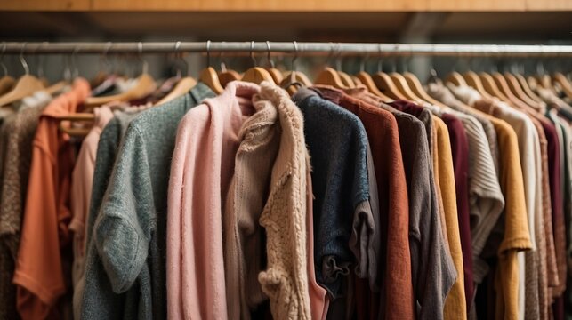 Abstract background of charity shop or thrift store HANGING CLOTHES IN RACK, which sell second hand, used clothing, accessories, books and household goods, created with generative ai