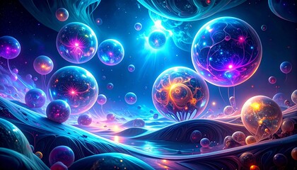 Abstract deep-sea bioluminescent currents, floating neon spheres, 2026 surreal mobile art, rich electric colors and soft texture&rdquo;