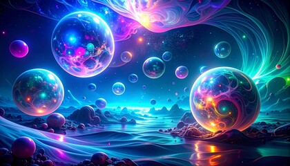 Abstract deep-sea bioluminescent currents, floating neon spheres, 2026 surreal mobile art, rich electric colors and soft texture&rdquo;