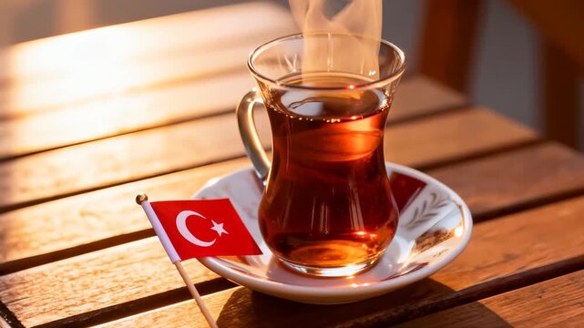 Turkish Tea Glass with Mini Star-Crescent Flag on Wooden Table in Warm Sunlight