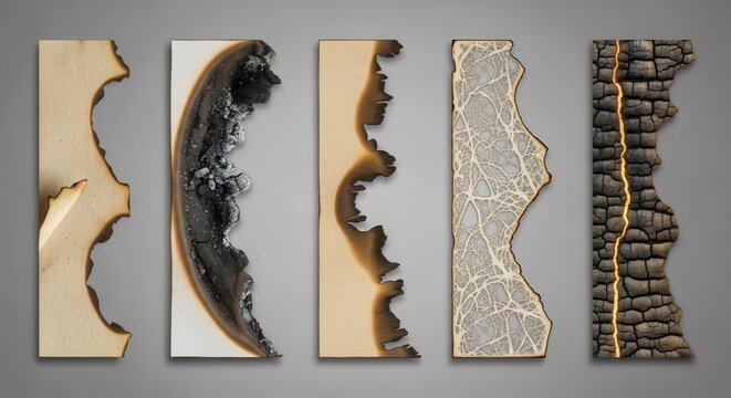 Sequential stages of material degradation and charring progression displayed vertically