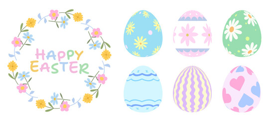 カラフルで明るい６種類のイースターエッグと3色の春のお花のリースの素材