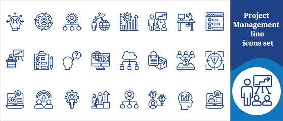 Project management line icon set, business and finance, information technology, thinking, financial, documents, networking, online banking, banking, recession, cloud, timer, human brain and more