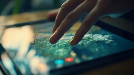 Close-up shot of a person's finger touching a tablet screen displaying abstract artwork