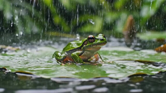 A vibrant green frog sits peacefully on a lily pad as rain falls, creating a tranquil scene