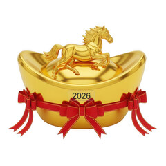 Golden Horse Statue on Chinese Gold Ingot with 2026 Year.