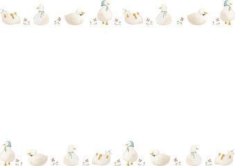 水彩風のアヒルたちのかわいいフレームイラスト