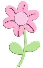 Inflated pastel pink flower with green leaves in 3D for model, merchandise, plant, tree, nature, garden, floral print, decorations, cartoon character, comic, patch, brooch, print, sticker, brand label