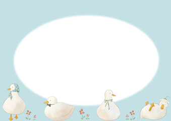 水彩風のアヒルたちのかわいいフレームイラスト