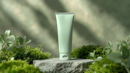 Pastel green skincare tube mockup on natural stone with moss and leaves, bathed in soft sunlight, ideal for organic and eco-friendly beauty product branding