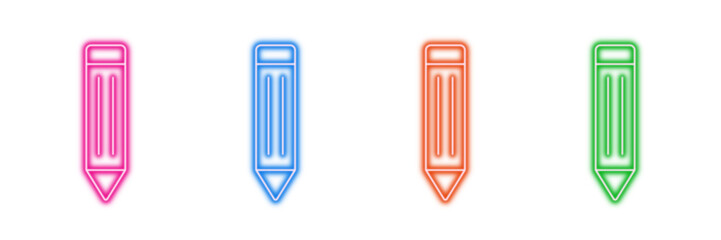 Neon glowing pencil vector icons set, writing, drawing, education, school, creativity, vibrant colorful digital design illustration on transparent background.