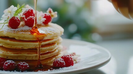 Delicious pancakes with fresh raspberries and syrup, a sweet indulgence