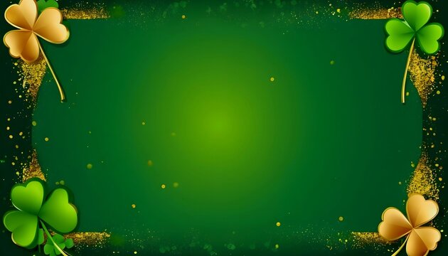 Card template with empty space for St. Patrick's Day with green four and clover on green background, with gold splashes for party invitation design , created with generative ai
