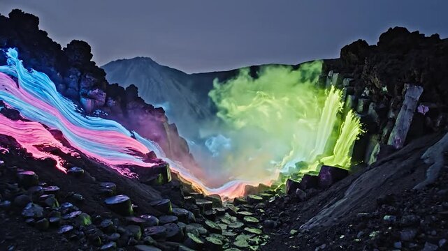 Vibrant smoke over dark landscape with basalt columns