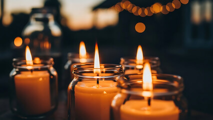 Candles glowing softly in glass jars illuminate a dark wooden table creating a warm and romantic atmosphere at an outdoor evening event.