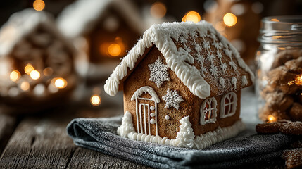Detailed view of a charming gingerbread house adorned with snowflakes and icing, resting on a dark cloth with festive lights.