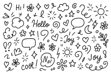 Fototapeta premium Icon cute background line flower element hand heart pattern star drawn. Background icon cute cloud vector sticker crayon cartoon child children arrow sketch summer school shape chalk text set graphic.