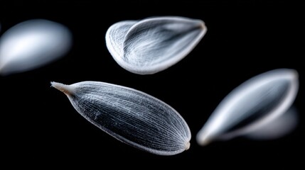 Striking macro view captures several elongated plant seeds suspended against a deep black background
