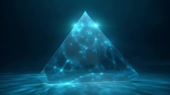 Futuristic blue pyramid structure with glowing network connections and digital data points symbolizing technology innovation and a connected future in a dark abstract setting