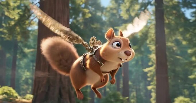 A whimsical flying squirrel with golden wings soaring through a vibrant forest setting