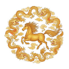 Golden Horse Galloping Amidst Mythical Dragons and Clouds.
