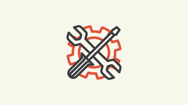 Maintenance tools animated wrench and screwdriver crossed over a gear outline for engaging visual projects. Ideal for mechanic or constructionrelated design themes, Loop HD video with alpha channel.