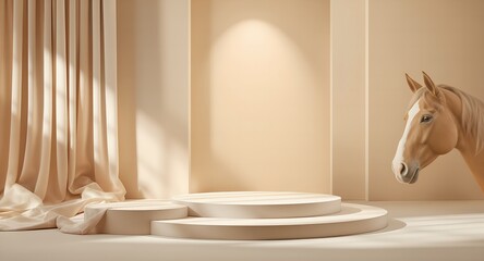 Elegant Horse in Minimalist Room with Beige Curtains and Podium