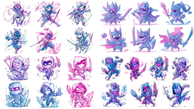Vibrant fantasy monster character collection painted in expressive watercolor style featuring dynamic poses bright colors and imaginative forms for games creative projects and illustrations.
