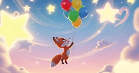 A whimsical fox holding colorful balloons against a dreamy sky filled with stars and hearts