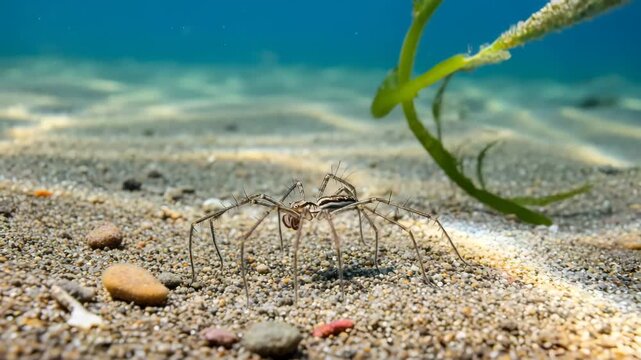 Closeup underwater macro shot of water strider insect walking on pebbles with aquatic plants in 4K Ai HD high quality video.
