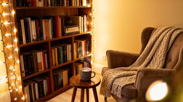 reading corner with christmas lights bookshelf warm tones perfect for christmas and winter