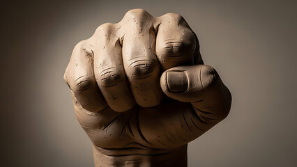 Clay fist clenched tightly against neutral backdrop symbolizing strength and determination in challenging times.