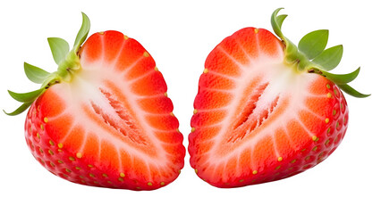 Two halved fresh strawberries displaying red pulp and seeds on a transparent background isolated on transparent background