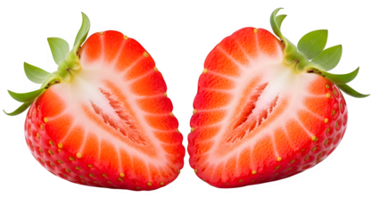Two halved fresh strawberries displaying red pulp and seeds on a transparent background isolated on transparent background