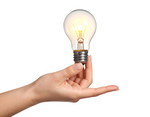Human Hand Holding Lit Incandescent Light Bulb.