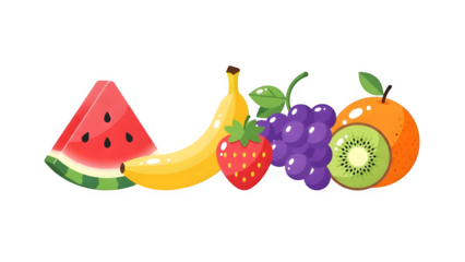 Colorful assortment of fresh fruits including watermelon banana strawberry grapes kiwi and orange isolated on transparent background