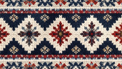 A close-up of a seamless knit pattern, featuring intricate geometric designs in red, white, and navy. The texture mimics woolen fabric