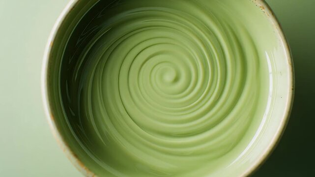 Close-up view of a beautifully crafted ceramic bowl featuring a mesmerizing spiral pattern on its smooth, light green glazed surface, showcasing artistic pottery