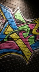 Obraz premium Vibrant, colorful abstract markings adorn a dark, textured brick wall surface.
