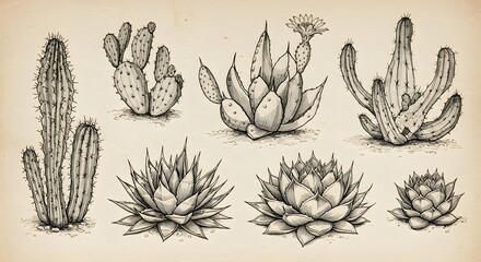Sketch of cacti  succulents eight plants varying shapes  sizes intricate line work vintage paper background